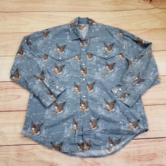 Vintage Eagle Western Shirt Mens Large Blue Pearl Snap Biker Motorcycle 90s - Picture 1 of 10